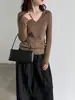 Suéter tejido de punto ajustado con cuello en V y diseño de nicho LUXI para mujer, otoño 2026 estilo coreano adelgazante clásico de manga larga ss1098