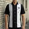 Camisa de Manga Corta Casual de Verano con Patrón de Rombo Retro Americano y Color Contrastante Camisa Fresca Holgada para Hombre Camisa de Manga Corta para Hombre