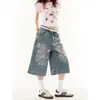 Calça Jeans Cropped Estampa Graffiti Retro Americana para Mulheres, Novo Estilo de Verão, Calça Cropped Reta de Pernas Largas Solta e Versátil