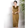 Vestido Sencillo de Cuello en V con Textura Plisada de Ácido Acético Vintage con Abertura Lateral Elegante Suelto de Satén Sin Mangas Falda para Verano