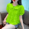 Blusa de Gasa con Cuello Peter Pan y Mangas Cortas para Mujer, Moda Verano 2026, Top Francés Chic que Reduce la Edad con Mangas Abullonadas