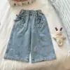 Jeans Casual Infantil 2026 Primavera e Outono Novo Desenho Animado para Meninas com Bordado de Gatinho Fofo, Calça Reta Tendência