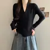 Suéter de punto ajustado de manga larga con cuello en V cruzado y fruncido en la cintura, estilo francés, nuevo para otoño, para mujer talla grande