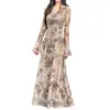 Vestido Largo de Chifón Estampado con Nudo Retorcido y Cuello en V de Mangas Acampanadas para Mujer, Nuevo Estilo Otoño e Invierno, Elegante de Cintura Alta, Corte Ajustado, Línea A