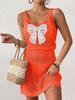 Blusa feminina nova 2025, estilo europeu e americano, sexy, de malha, com costura borboleta, sexy, vazado, vestido de praia