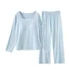 Pijama de Algodón de Bambú para Mujer para Primavera, Verano y Otoño con Almohadillas en el Pecho, Ropa de Casa de Alta Gama, Conjunto de Pijama de Manga Larga y Pantalón Largo que Se Puede Usar Afuera