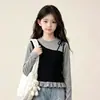Conjunto de Dos Piezas para Niñas, Moda Casual de Primavera y Otoño, Top Color Block Estrellado con Pantalones de Pierna Ancha