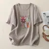 Toma Real de Tops de Algodón y Lino con Estampado Retro para Mujer, Cuello Redondo Holgado, Manga Media Pullover, Camiseta Casual y Versátil