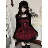 Em estoque Blood Night Rosa Escuro Gótico Japonês Patchwork de Renda com Laço Xadrez Camisola Vestido Bolo Conjunto de Cardigã