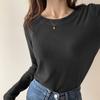 Camiseta de manga larga de color liso, cálida y suave, con cuello redondo, forrada con vellón, para otoño e invierno, para mujer