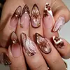 Estilo Europeu e Americano Curto Banhado a Ouro 3D Floral Luxo Amêndoa Manicure Francesa Postiça Pontas de Unha Usáveis