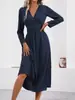 Vestido Elegante Largo de Mujer para Otoño e Invierno, Color Sólido, Superpuesto, Cuello en V, Manga Larga, Cintura Fruncida, Nuevo Vestido Largo para Mujer