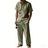 Conjunto de Camisa de Lino de Manga Corta con Solapa de Verano Europeo y Americano Transfronterizo Pantalones Casuales Sueltos para Hombre Conjunto de Dos Piezas Ropa para Hombre al por Mayor