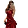 Bata de Mañana Femenina Vestido de Dama de Honor de Novia Vestido para Brindis de Boda Falda Larga Vestido de Cintura con Tirantes Rojo de Alta Gama Verano