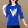 Comercio Exterior Transfronterizo Últimas Existencias Gran Marca Camiseta de Manga Tres Cuartos Atuendo de Moda Camiseta Elegante Ropa para Madres de Mediana Edad y Mayores