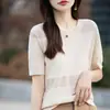 Camiseta Feminina de Algodão Puro com Gola Redonda, Tricô Vazado, Manga Curta, Nova Versátil de Verão, Top Fino de Manga Curta Estilo Coreano