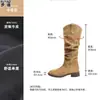 En stock~Botas Apiladas Plisadas Maillard de Cuero Genuino Tacón Grueso Adelgazantes Botas Largas No por Encima de la Rodilla Botas de Monta para Mujer