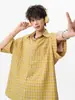 Camisa tipo polo a cuadros azul salmón para hombre, Camisa de verano estilo Miu sol, Camisa de manga corta holgada de media manga