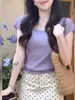 Camiseta de punto de seda helada morada petite de manga corta para mujer, top elegante de verano de alta gama con manga corta tipo mosca