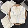 Pijama de Algodón Estilo Ins Simple de Estrellas y Nubes Tallas Grandes para Mujer Conjunto de Tres Piezas Verano Manga Corta Shorts y Pantalones Largos Ropa para el Hogar