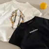 Camiseta de Verão Nova Estilo Manga Curta Algodão Puro com Estampa de Letras Estilosa para Meninos e Meninas, Camiseta Estilosa Gola Redonda Estilo Coreano