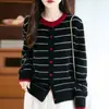 Chao Luce Bien Este Año Popular Estilo Preppy Rayas Contrastantes de un Solo Pecho Cuello Redondo Doble Hilo Grueso Suéter Cardigan de Lana Pura