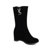 Botas de cuero para mujer con punta redonda de gamuza estilo europeo y americano, cremallera lateral, botines Chelsea, botas cortas de jinete, zapatos de mujer con tacón de cuña alto