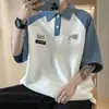 Polo de bloques de color, manga corta, unisex, estilo retro americano, camiseta de peso pesado, nueva colección de verano, streetwear de moda, mangas de tres cuartos