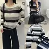 Nuevo suéter de punto a rayas para mujer de principios de otoño e invierno europeo, suéter casual de punto calado holgado a la moda estilo coreano
