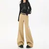 Jeans flare casual de algodão puro para outono, macio e confortável, que não aperta, com design de patchwork, calça boca de sino de perna larga emagrecedora para mulheres