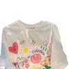 Entrega de una pieza con cuello de bolsa de algodón verano nuevo camiseta holgada de manga corta con estampado de grafiti japonés top nicho para mujer