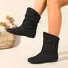 Botines plisados cortos simples y versátiles con punta redonda y suela plana, estilo western, adecuados para uso casual de verano, tacón plano, ideales para el uso diario.