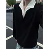 Sudadera Retro Americana Falsa de Dos Piezas con Patrón de Espiga de Trigo para Hombre Estilo Old Money Otoñal Patchwork Cuello en V Camisa POLO Capa Interior Capa Base