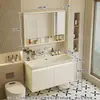 Gabinete de baño con lavabo integrado de piedra chapado en oro de lujo ligero estilo italiano, juego de tocador para baño