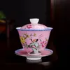 Conjunto de Tigelas Esmaltadas de Três Peças Estilo Palácio com Tampa, Conjunto de Chá Kung Fu Cerâmico Vintage, Xícara de Tigela de Chá Esculpida em Filigrana, Jingdezhen