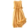 Vestido Largo de Verano 2026 Nuevo Vintage Holgado con Cordones Manga Tres Cuartos Adelgazante Color Sólido Estilo Fresco para Mujer