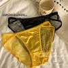 Roupa Íntima Sexy de Cetim Japonês Feminina com Renda e Malha Transparente, Forro de Algodão Puro na Virilha, Sem Costura, Cintura Baixa, Calcinha com Tira Fina para Meninas
