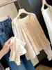 Camisa feminina estilo francês, doce e delicada, com manga lanterna, novo design de outono, corte solto, cintura com amarração, blusa tipo boneca que rejuvenesce