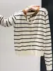 Cardigã de malha listrado color-block com gola redonda para mulheres, novo estilo outono, caimento solto, efeito emagrecedor, jaqueta suéter versátil, top A11236