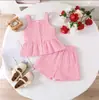 Comercio Exterior Ropa Infantil Conjunto de Verano Dulce Color Sólido Tirantes Finos Top con Volantes + Shorts Transpirables del Mismo Color Conjunto de Dos Piezas
