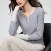 260g Ecocos Elegante Nuevo Contraste Falso Dos Piezas Cuello Redondo Botones Camisa de Manga Larga Camiseta Top de Otoño para Mujer