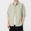Camisa de Algodón de Manga Corta para Hombre Verano Nueva Sin Planchado Manga Siete Lavada Chaqueta Camisa Casual Combinable Top