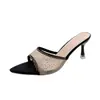 Elegantes sandalias de verano para mujer, estilo nuevo, tacones finos, malla, adornos de pedrería, punta fina, peep-toe, tacones altos