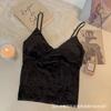 Camisola de Veludo Dourado Retrô Roupa Íntima Feminina Sexy Íntimos Costas Lindas com Bojos Decote V Roupa Externa Top Desejo Puro Tendência