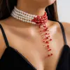 Joyería Transfronteriza Europea y Americana Collar Gargantilla Dulce Fresco Gótico Gotas de Sangre Borla Personalidad de Halloween Gargantilla de Perlas
