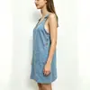 Vestido Jeans Lavado Estilo Europeu e Americano para Comércio Exterior, Novo Vestido Jeans Reto Sem Mangas com Bolsos Casual para Férias de Verão