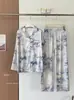 Conjunto de Estilo Nacional Retro Teñido Liso, Nuevo Estilo Chino, Pijama de Seda Helada para Mujer, Se Puede Usar Afuera, Pantalones Largos, Ropa de Casa con Pintura a Tinta