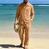 Terno Masculino de Linho Cor Sólida com Gola Lapela, Manga Longa e Calça Reta, Roupa Casual de Praia - Mais Vendido da Amazon para Primavera e Outono