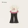 Roupa de Verão Infantil Manga Curta Menina You Bao Gola Redonda Fofa Camiseta para Bebê Top Infantil Estiloso Patchwork Xadrez