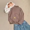 Camiseta de manga larga de modal con cuello semialto fruncido, nueva camiseta básica de color liso para otoño e invierno, top versátil de cuello medio